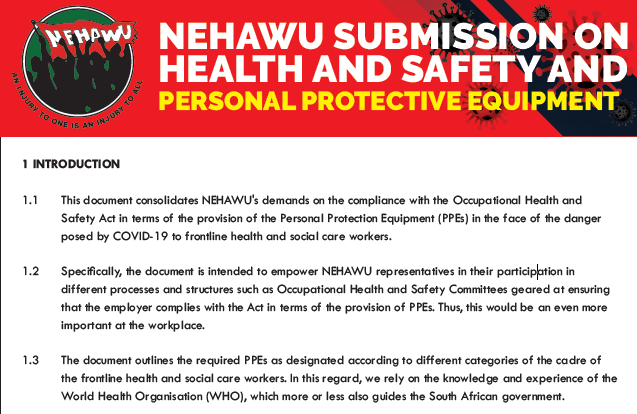 NEHAWU Submission On Health And Safety of Workers and PPE